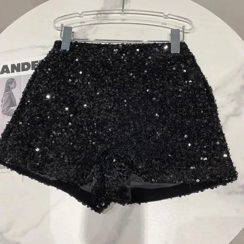 Spring/summer new Spice Girls sequin zipper shorts Slimming suede embroidered beaded casual pants