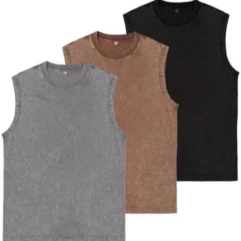 100% Cotton Men's Summer T Vintage Washed Vest Male Tops Round Neck Loose Oversized Large Size Casual Basic Streetwear Vest