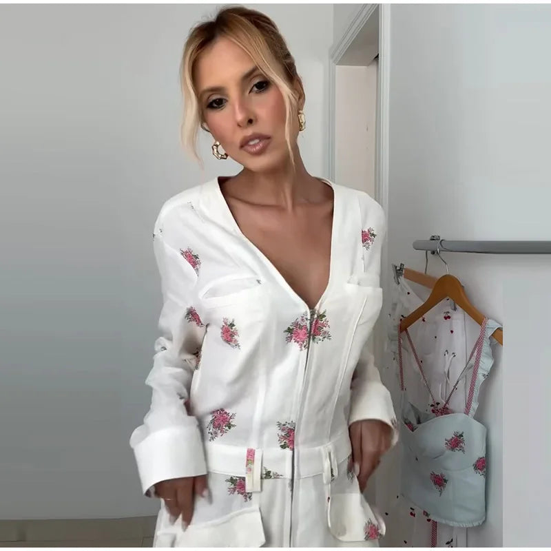 Elegant Print Women Jumpsuits Fashion Long Sleeve V-neck Zippers Female Overalls 2026 Summer Autumn All-match Lady Outfit