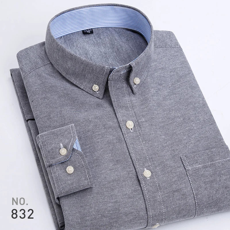 New Cotton Mens Striped Plaid Print Oxford Spinning Casual Long Sleeve Shirt Comfortable Collar Button Slim Male Business Shirts