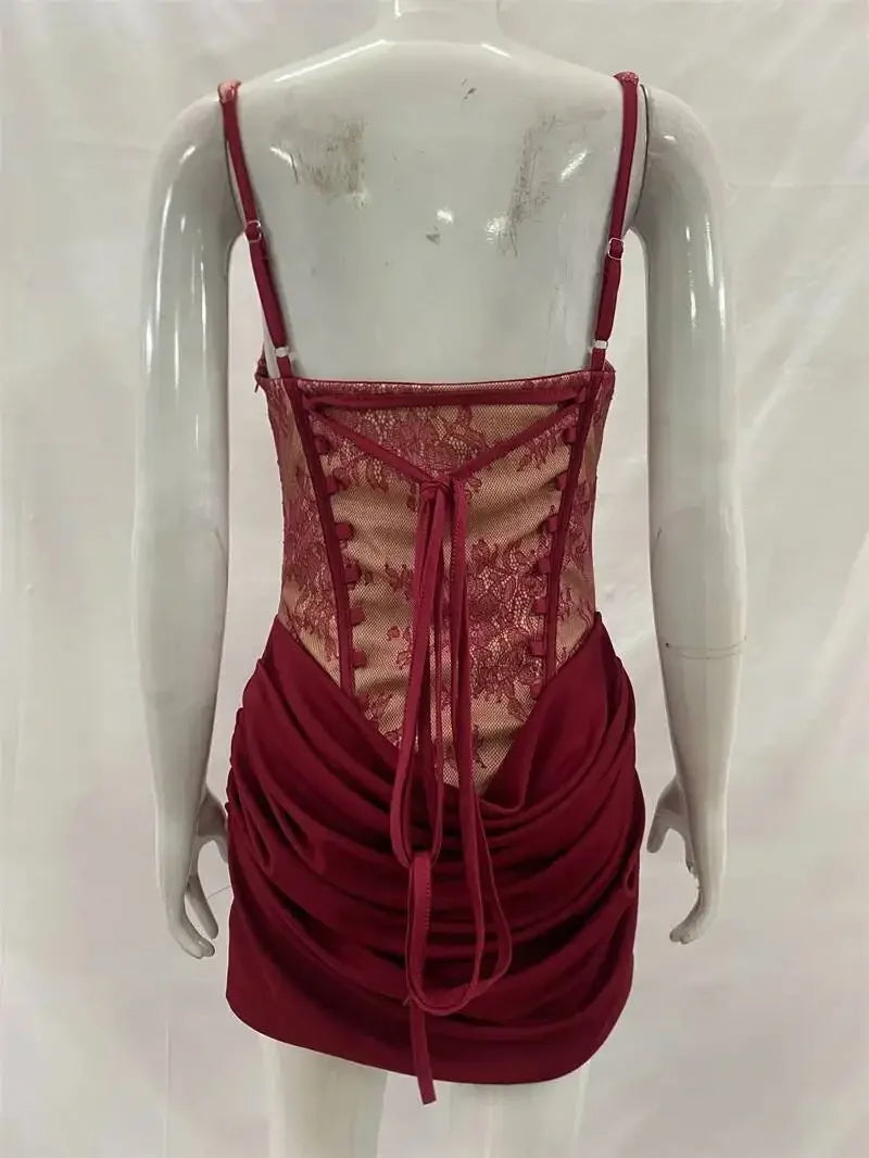 Lace Corset Mini Dress Women Square Neck Wide Strap Ruched Satin Bodycon Short Dress Club Party Cocktail Vestidos