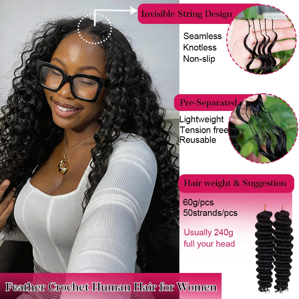 Miracle Knots Crochet Human Hair Deep Wave Pre-Separated Boho Braids Feather Crochet Human Hair 100% Burmese Curly Crochet Hair