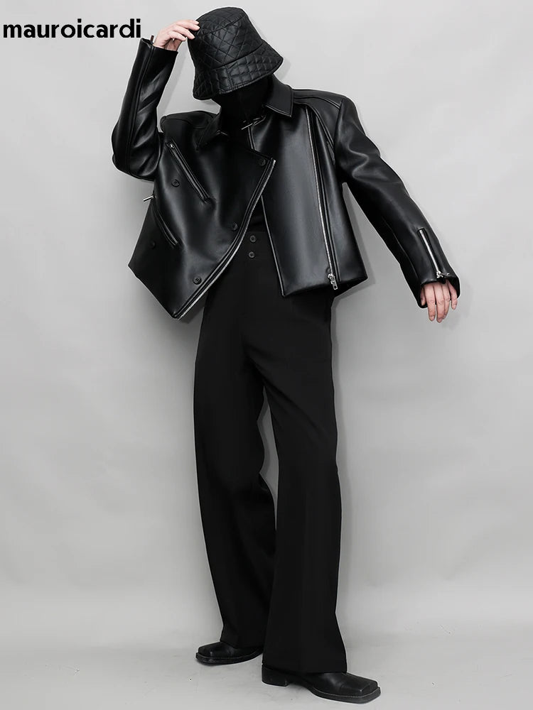 Mauroicardi Spring Autumn Oversized Cool Pu Leather Jacket Men Long Sleeve Stand Collar High Quality Luxury Designer Clothes