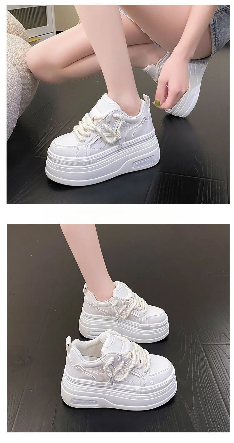Fashion Platform Sneakers Women Spring Autumn Comfort Round Toe Lace-up 8CM Thick Bottom Black White Casual Sport Shoes