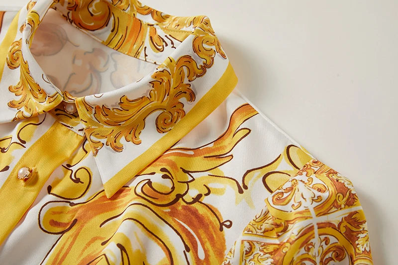 Summer Holiday Yellow Paisley Print Shirt Dresses Women's Turn Down Neck Short Sleeve Belt High Waist Beach Party Vestidos