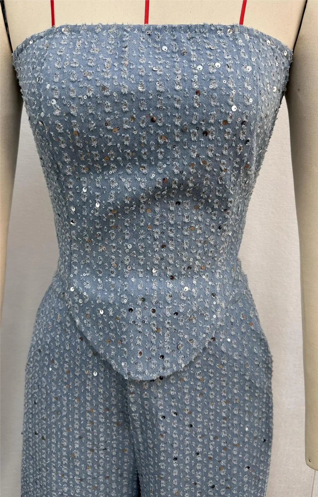 Fashion Sequins Denim Set Women Strapless Tunic Waist Crop Top and Wide Leg Pant Suit 2024 New 2 Piece Sets Outfits Tracksuit