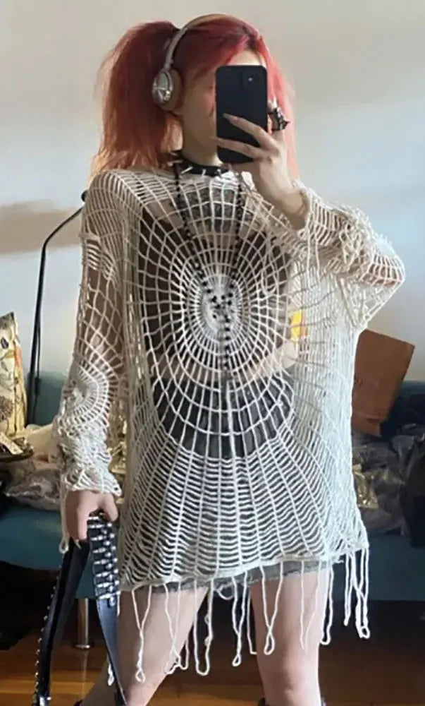 JOEVILU Hollow Knit Hooded Tops Women's Goth Spider Web Sweaters Female Korean Fashion Fishing Net Blouses Babes Mesh Pullovers