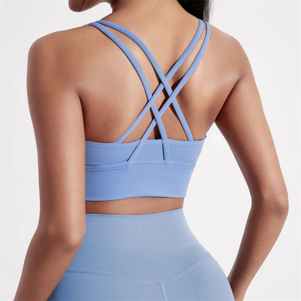 Solid Color Women Fitness Sport bra top soft tight Comprehensive training jogging gym yoga underwear cross back With chest pad