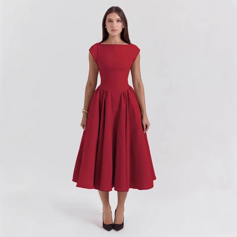 Summer Women Backless A-line Sexy Maxi Dress Gown Solid Hollow Out Sleeveless High Waist Club French Style Pleated Dress