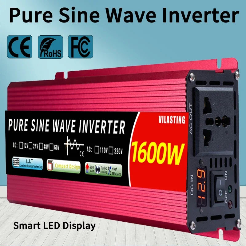 Pure Sine Wave Inverter 12v/24v 110v/220v 50hz/60hz Inverter DC To AC 1000W 1600W Car Inverter Power Voltage Converter