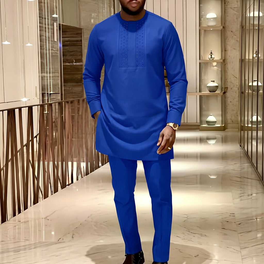 White Kaftan Men's Suit Embroidery Floral Top Pants Kaunda Suit African Casual Outfits Wear Traditional 2PCS Set Wedding Tuxedo