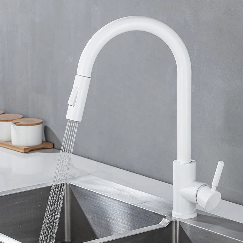 Stainless Steel Kitchen Sink Faucet Pull Out Sprayer Hot Cold Water Mixer Tap Deck Mounted Single Hole Modern Kitchen Tap