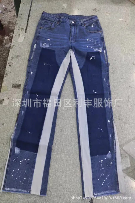 Mens Fashion Jeans Work Pants European American Style Workwear Elastic Patchwork Denim Layered Flared Pants S-XXL Streetwear