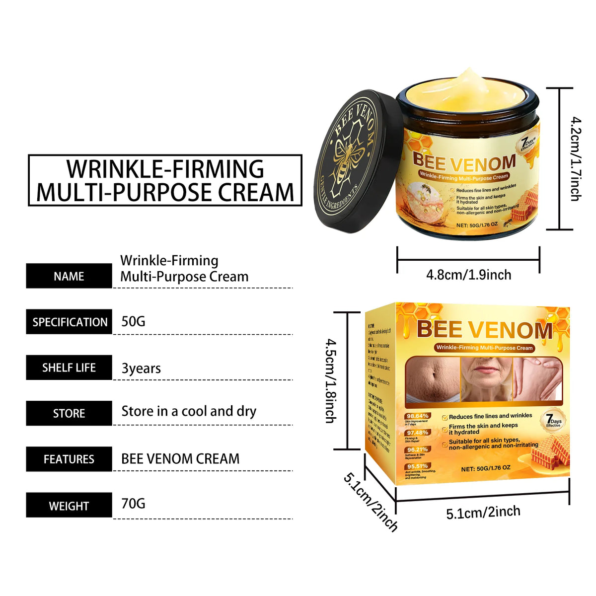 Bee Venom Firming Cream Anti-Wrinkle Lifting Face Moisturizer with Hyaluronic Acid Reduce Fine Lines Multipurpose Bee Venom Crea