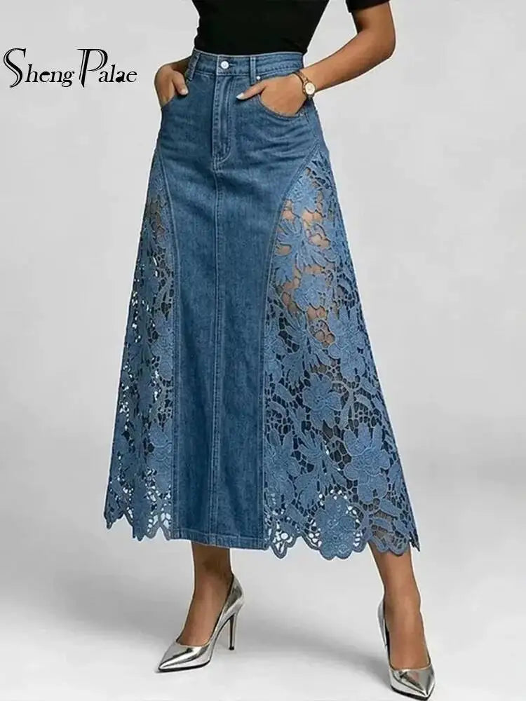 SHENGPALAE Women Denim Midi Skirt High Waist Bodycon Washed Lace Splicing Elegant Casual Floral Hollow Summer 2026 New 05E03125