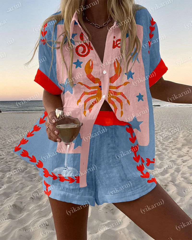 Summer Fashion Colorful Printed Blouse Shorts Two Pieces Sets Women Lapel Short Sleeve Button Shirt Suit Beach Holiday Outfits