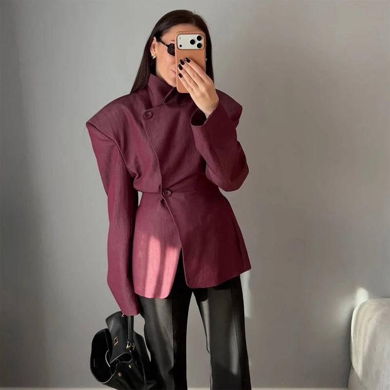 Dark Burgundy Waist-Cinching Shoulder Pad Blazer 2026 Women's Stand Collar Button Design Height-Enhancing Slimming Commute Coat