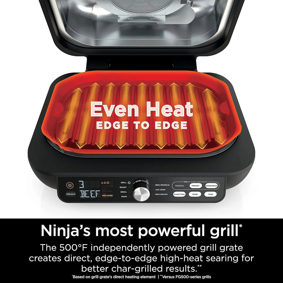 7-in-1 Indoor Grill & Griddle Combo, Air Fry, Dehydrate & More, Open or Closed Use, Power Grate, Flat Top, Crisper, Smart Thermo