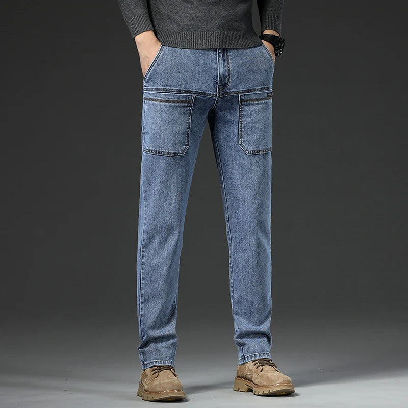 6 Pocket Design Denim Jeans Men's 2025 New High Elasticity Denim Casual Trousers Straight Male Pants Fashion Mid-waist Jeans