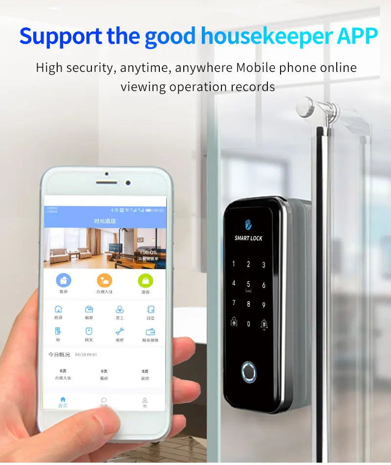 TTlock Smart Biometric Fingerprint WiFi Lock for Commercial Glass Door 5-in-1 Access Control (APP/Fingerprint/Card/Code/Remote)