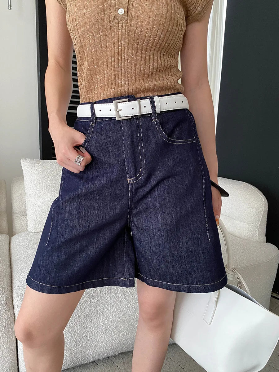 Summer women's casual solid color bright stitching wide leg denim shorts