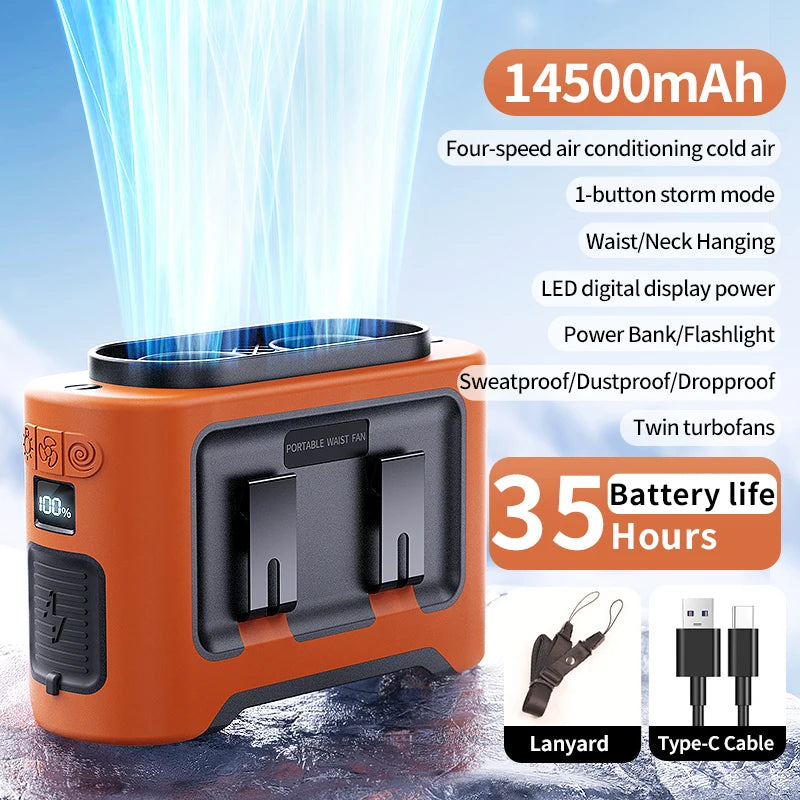 2025 New Upgrades Outdoor Portable Waist Fan Hanging Neck Fan 5 Level Strong Wind Power Bank with LED Lighting for Travel Sports