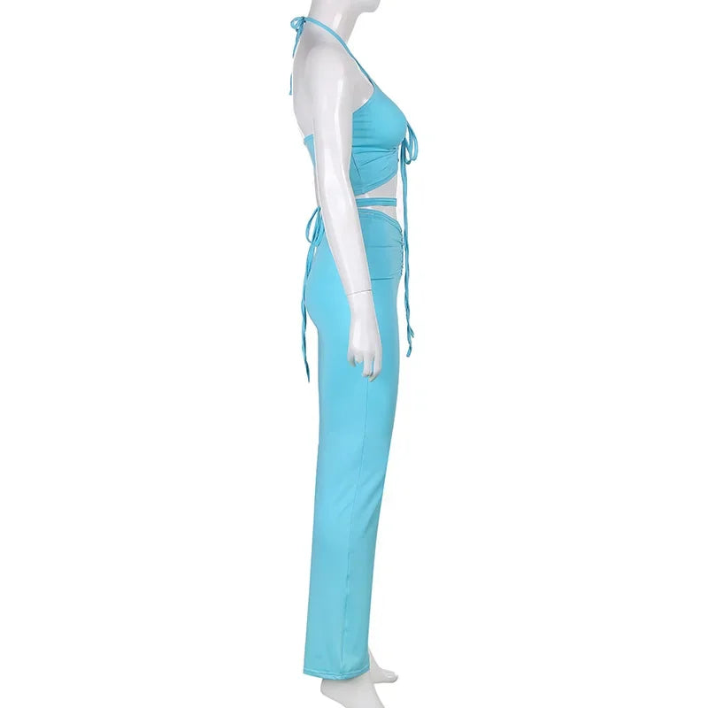 Solid 2 Piece Sets Womens Outfits Neck-mounted Halter Top Low Waist Long Pants Set Conjuntos Feminino Elegante Ensemble Femme