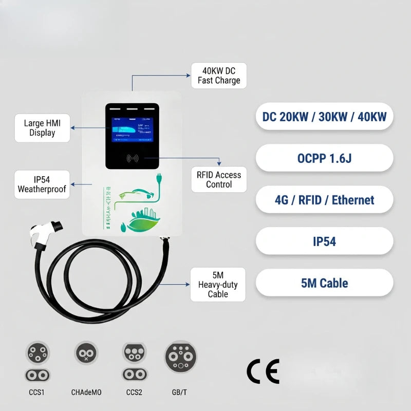 Fast Ev Charging Station CCS1 CCS2 CHAdeMO GBT 20KW 30KW 40KW Level 3 DC Electric Car Charger for Home Garage Use
