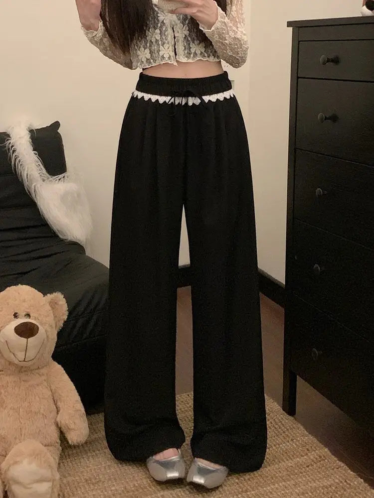 Women Lace Trim Wide Leg Pants Elastic Drawstring Waist Loose Casual Trousers Multiple Colors