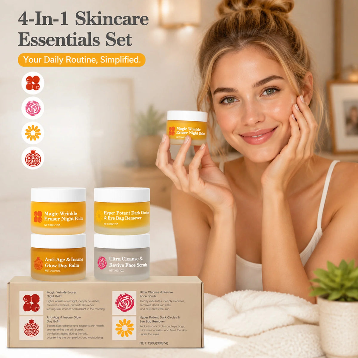 4in1 Day Night Facial Cream Set for Day Balm Night Balm Eye Cream Face Scrub Dull Rough Skin Travel Skincare Kit