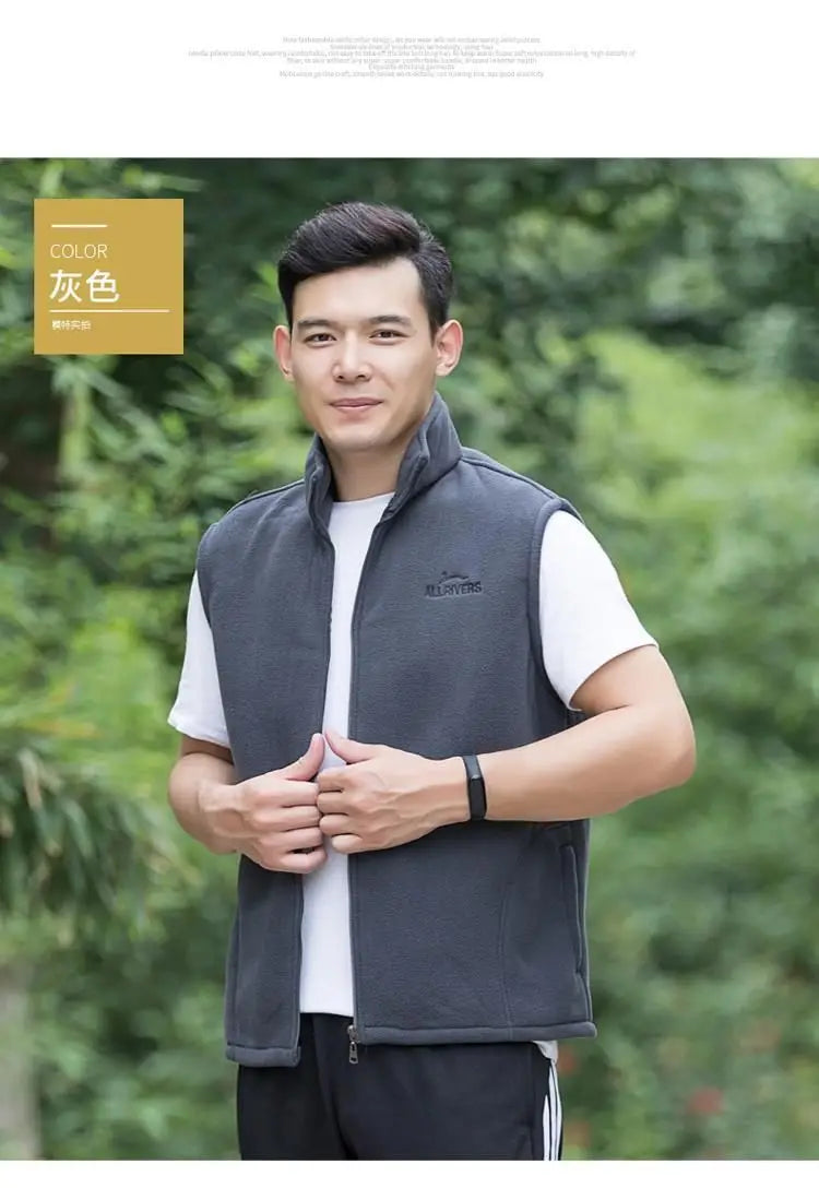 Men's Embroidery Vest Waistcoat Standing Collar Double-sided Fleece Warm Sleeveless Pocket Vest Outdoor Windproof Mens Jacket