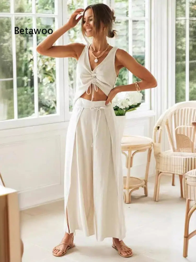 Women Sleeveless V Neck Two Piece Outfit Ruched Drawstring Crop Top High Waist Self Tie Wide Leg Pants Matching Set
