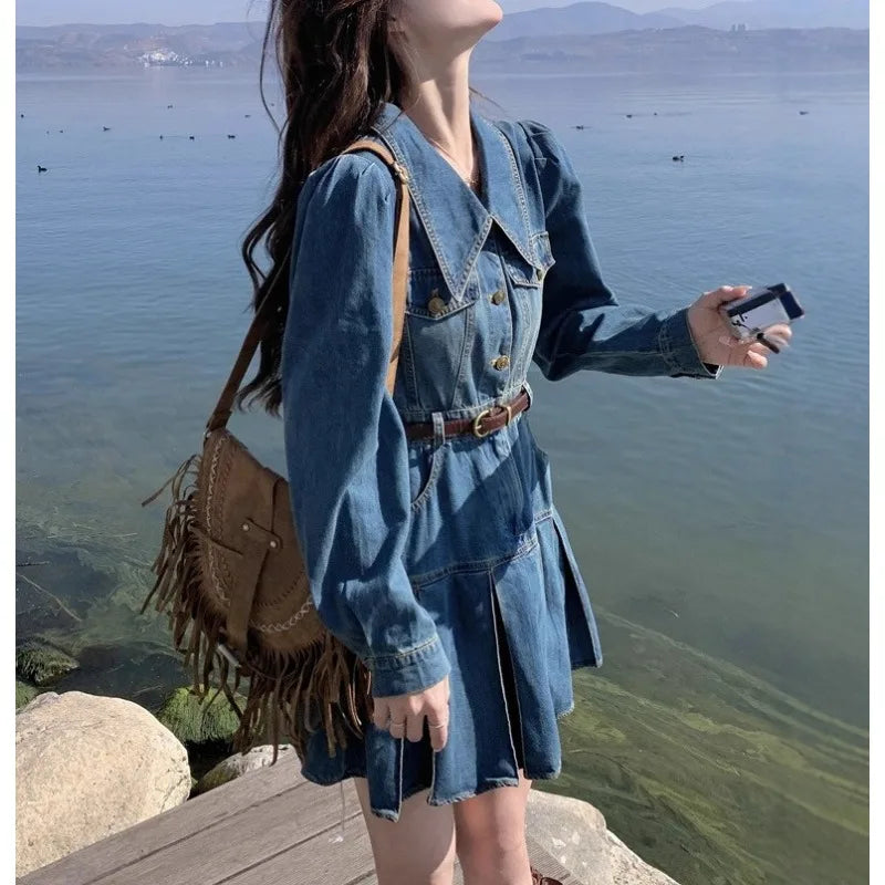 Denim Dress Women's 2026 Spring and Summer New High-end Sense, Unique Design Sense, Waist and Thin Long-sleeved Skirt