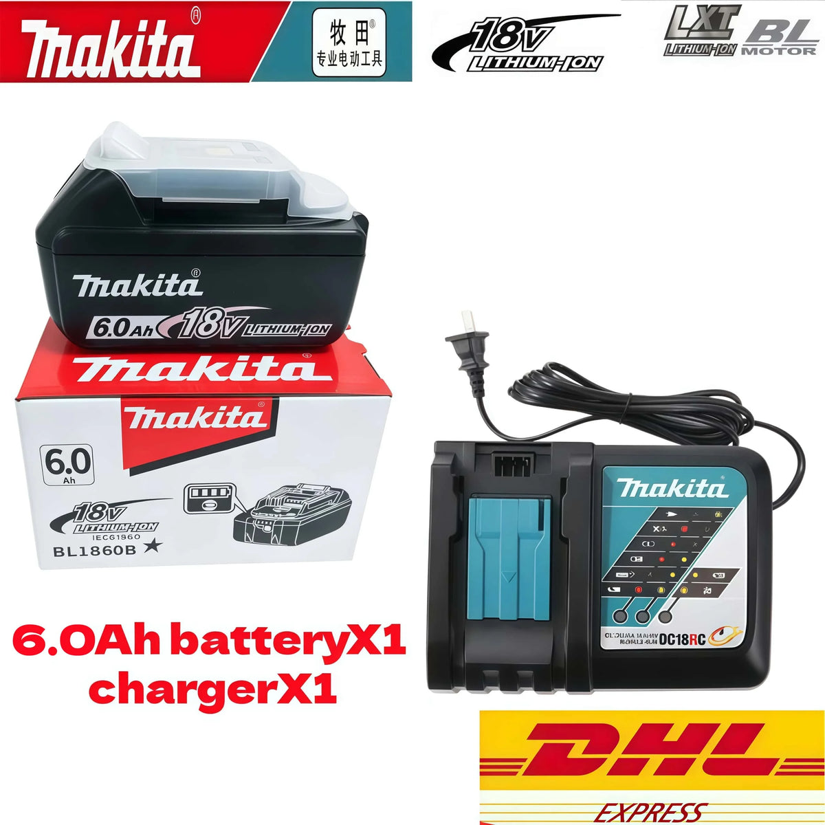 Genuine Makita 6AH BL1860B 18V Battery Power Tool Lithium-Ion Substitute LXT BL1850B BL1840B, Suitable for Use with BMS18V Screw
