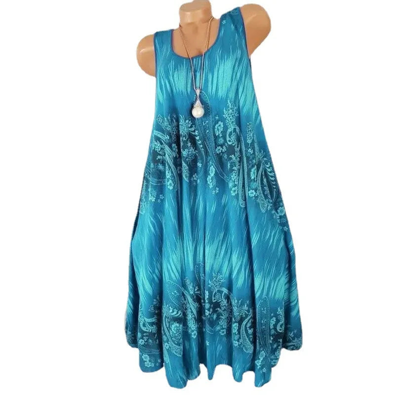 Women Dresses 2026 Summer fashion floral digital printed sleeveless mid calf dresses women's clothing vestidoes