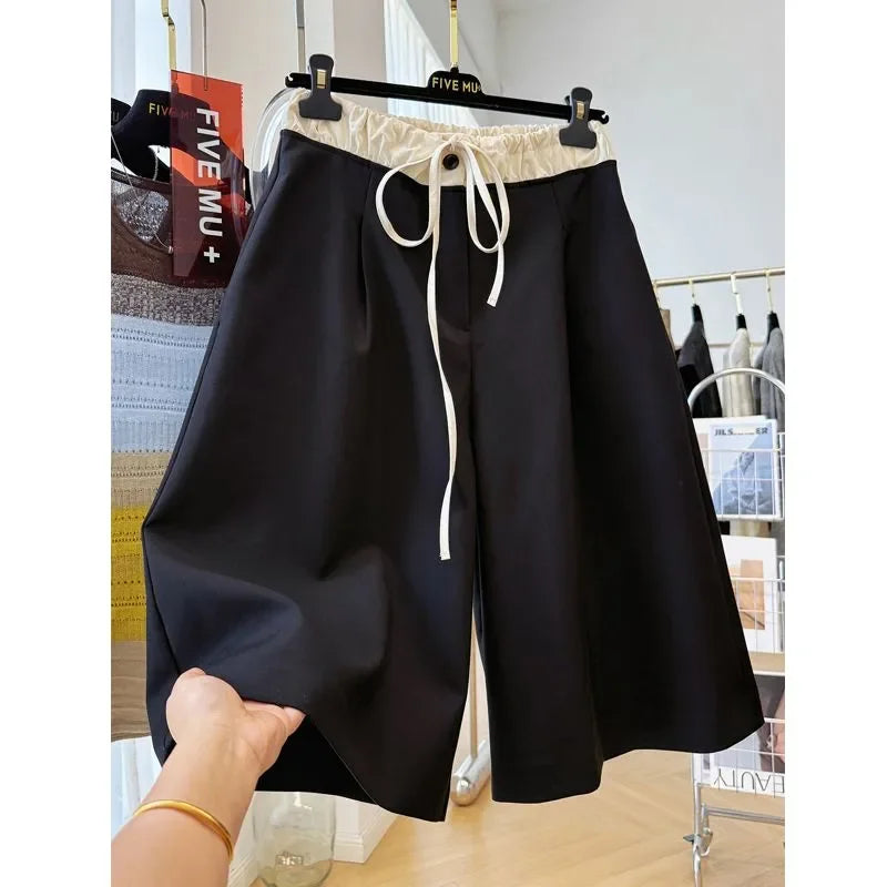 Women's Black Wide-Leg Shorts Contrast Elastic Waist Drawstring Loose Fit Casual Summer Bot