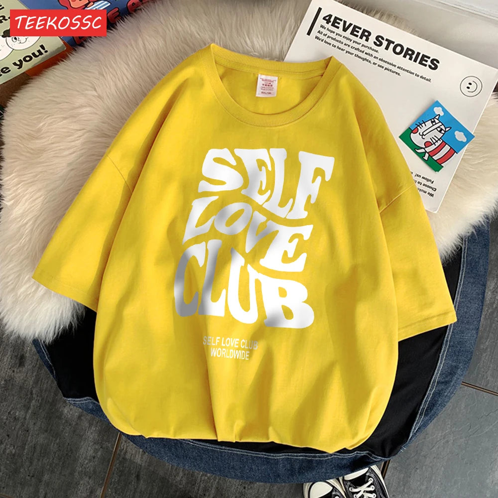 Self Love Club Worldwide Printed Tee Clothing Boy Versatile Funny Tees Aesthetic Pattern T-Shirt Oversized Design Clothing