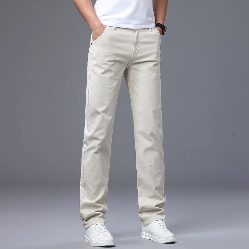 Classic Straight Men's Jeans Spring New Fashion Business Work Casual Trousers Comfort Elastic Solid Color Denim Pants