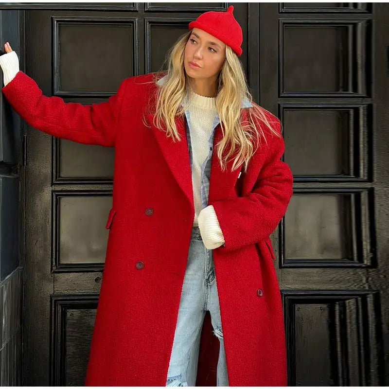 Elegant Women's Woolen Overcoat Solid Lapel Double Breasted Full Sleeve Long Coat 2026 Autumn Winter Fashion Lady Outwear