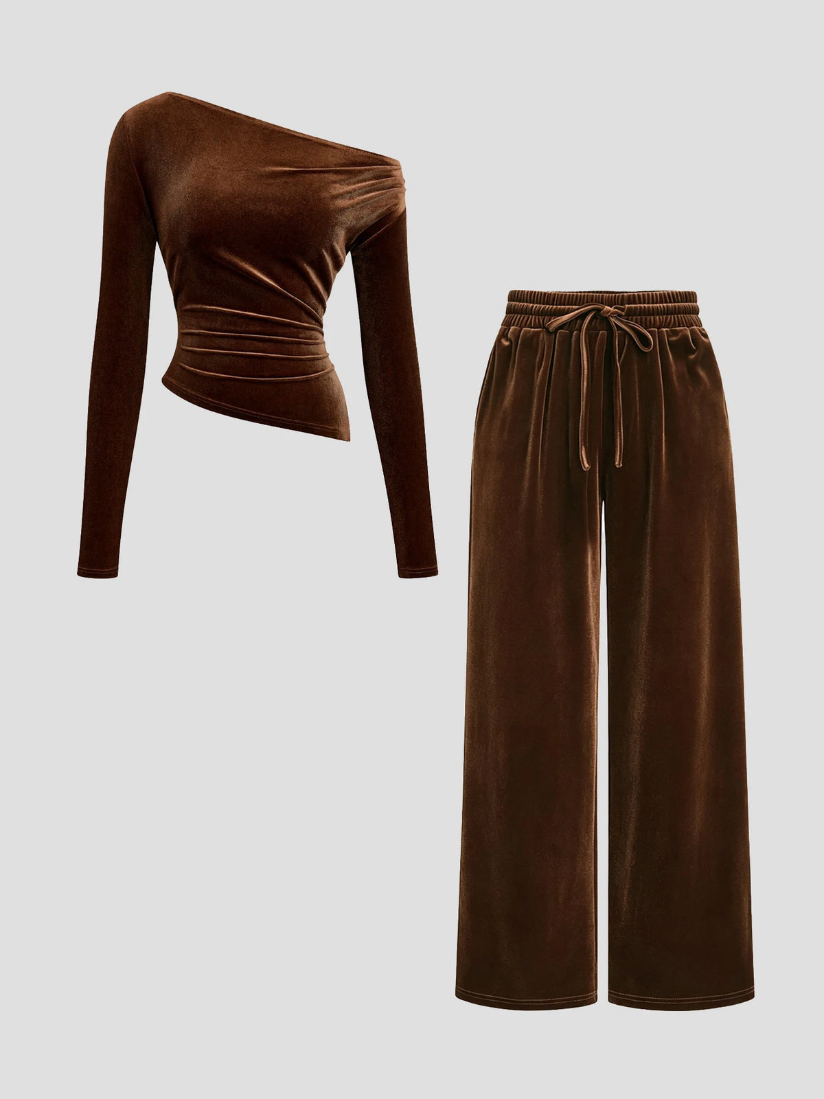 Women Velvet 2 Piece Outfit Asymmetrical Off Shoulder Long Sleeve Ruched Top & Drawstring Wide Leg Pants Set