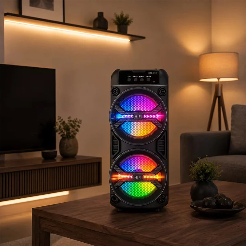 Portable Bluetooth speaker, colorful ambient lights, dual subwoofers with deep bass, supports BT/TWS/FM/USB/AUX/TF/microphone