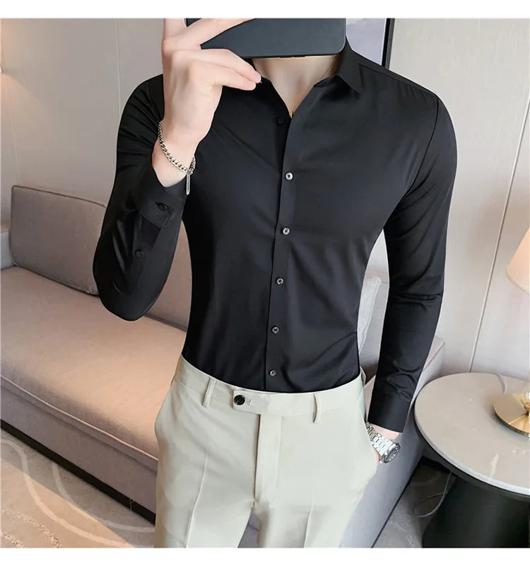 Men's Ultra Stretch Seamless Long Sleeve Shirt Top Quality Business Casual Breathable Stretchable Solid Color Formal Dress Shirt