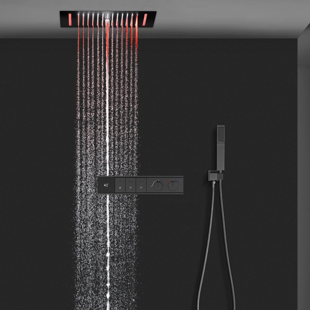 Digital Shower Set Ceiling Rain Shower Head LED Black Thermostatic Mixing Valve