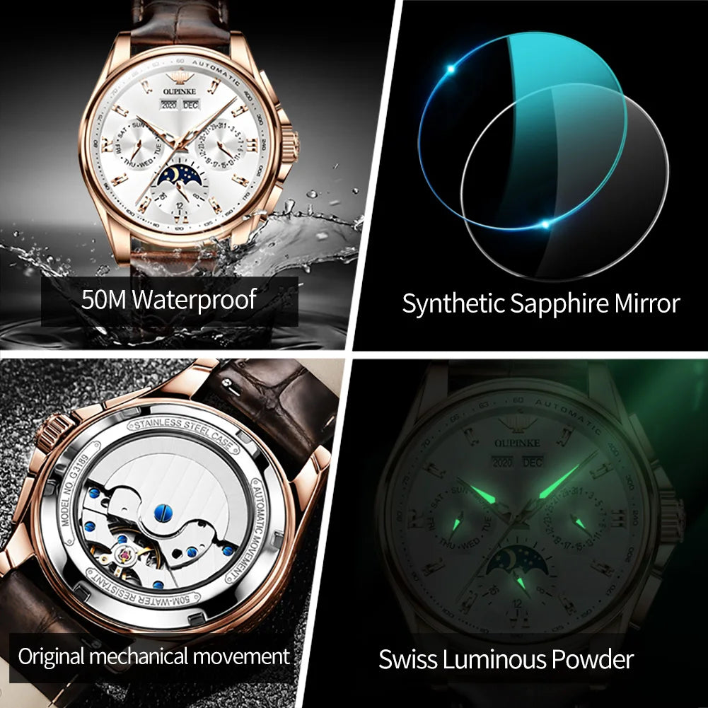 OUPINKE Top Men's Automatic Mechanical Wrist Watch Leather Strap Luxury Business Multi functional Lunar Phase Dial Reloj Hombre