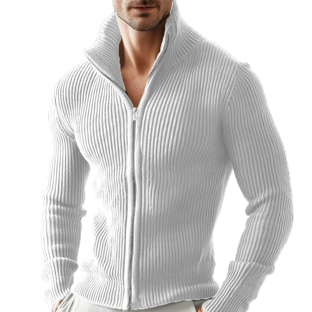 Men Full Zip Stand Collar Cardigan Sweater Knitted Thick Warm Outerwear Jacket for Daily Casual and Outdoor Wear in Cold Weather