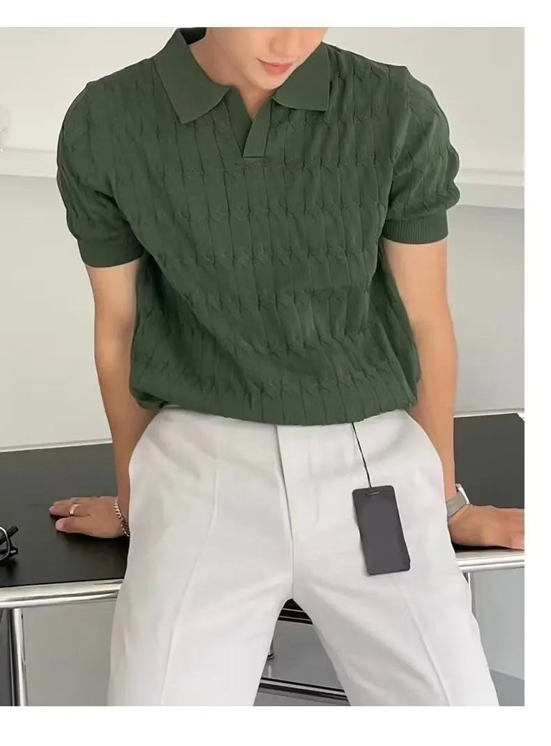 Trendy Polo Shirt for Men Summer Solid Color Top Versatile Knit Style Korean Short Sleeves Casual Fashion T-shirt