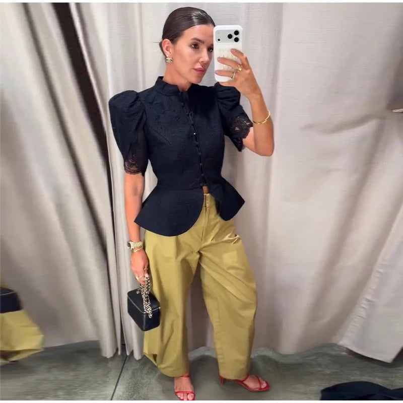 Lace Cutout Peplum Jacket Stand Collar Puff Sleeve Button Front Waist Cinched 2026 Summer Autumn Fashion Women Elegant Top