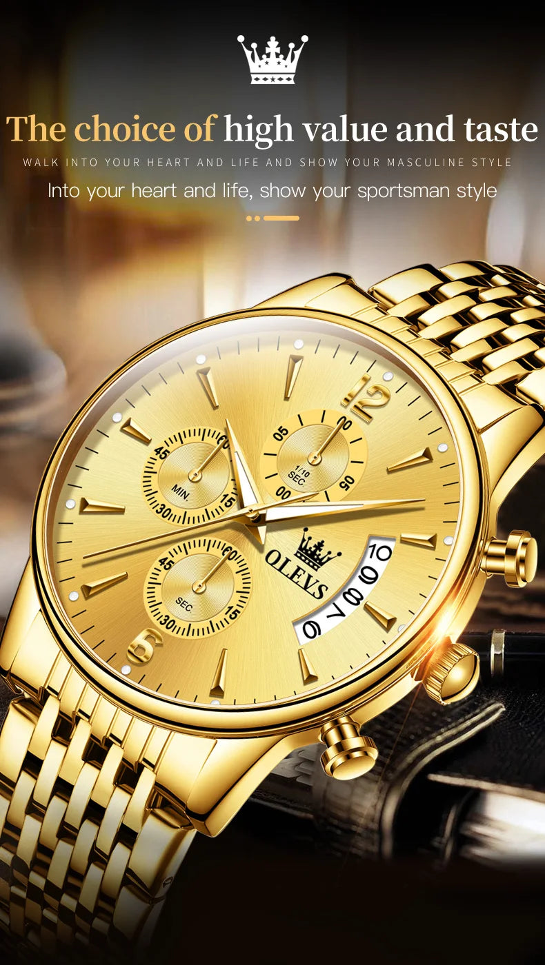 OLEVS Men Watches Top Brand Luxury Watch Waterproof Stainless Steel Men Wristwatch Luminous Quartz Watch Box Gift Set