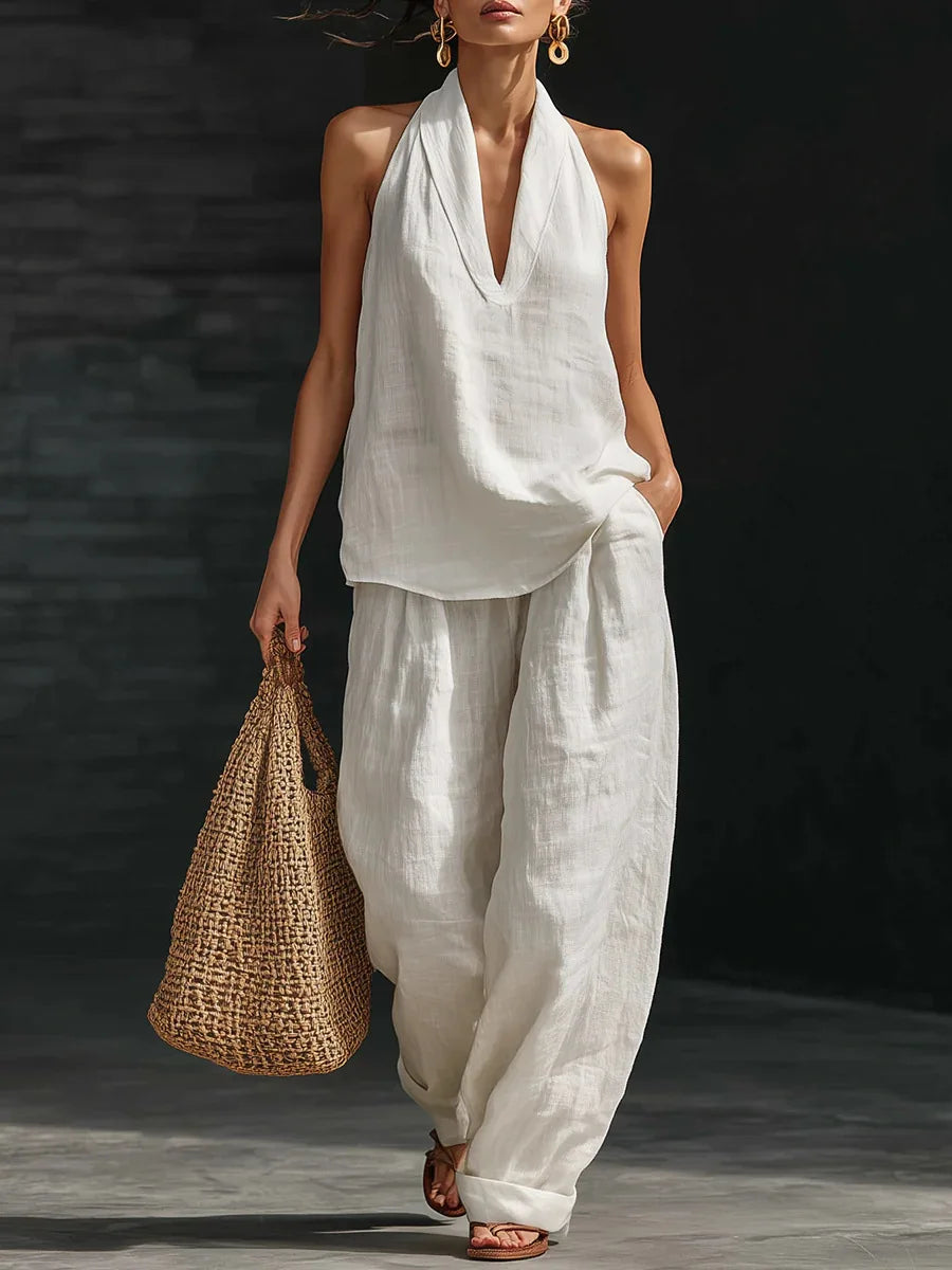 Loose Two-piece Halter Neck V-neck Sleeveless Top Trousers 2026 Summer Women's Fashion Solid Color Casual Womens Matching Sets