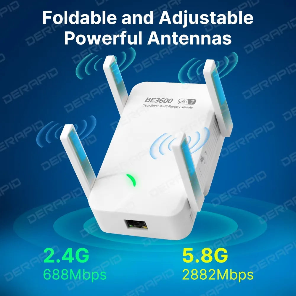 WiFi 7 3600Mbps Wi-Fi Range Extender Dual Band 2.4G 5G Repeater 4 High Gain Antennas EU US Plug Signal Booster WPS Easy Setup